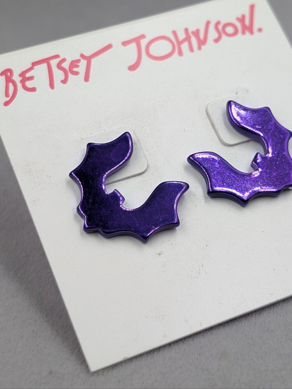 Betsey Johnson Purple Metallic Bat Hoop Earrings Halloween Goth | 1229